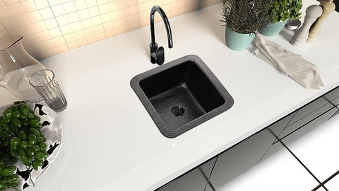 Hand Hammered 12 inch Glasgow Dual Mount Square Bar Sink - Matte Black